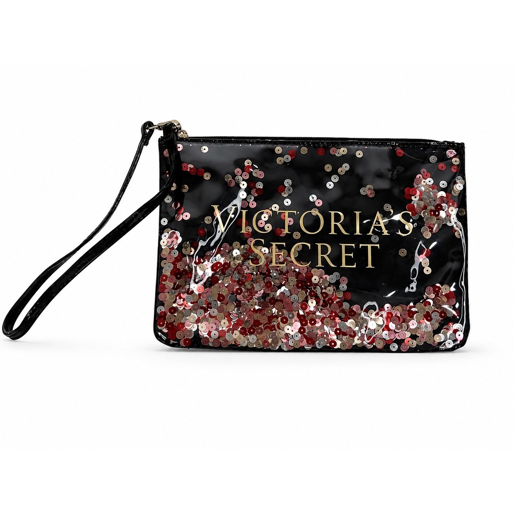 Victoria's Secret Wristlet Pouch Black Sequin Floating Logo Glam Makeup Bag
